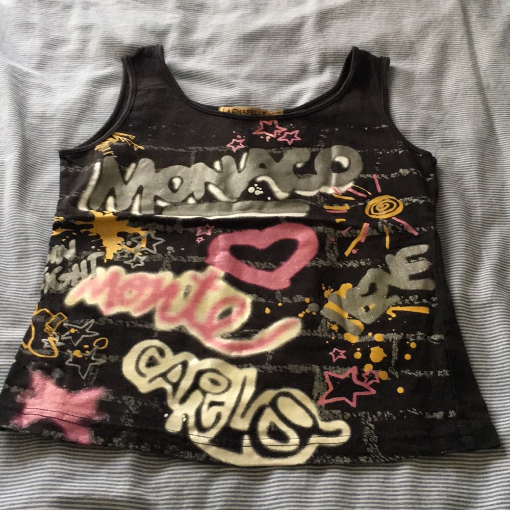 Black tank top with graffiti